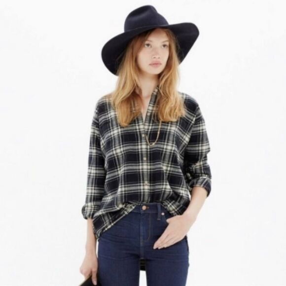 MADEWELL Flannel Trapeze in Black & Cream Overcast Plaid Shirt, size XS - Picture 1 of 9